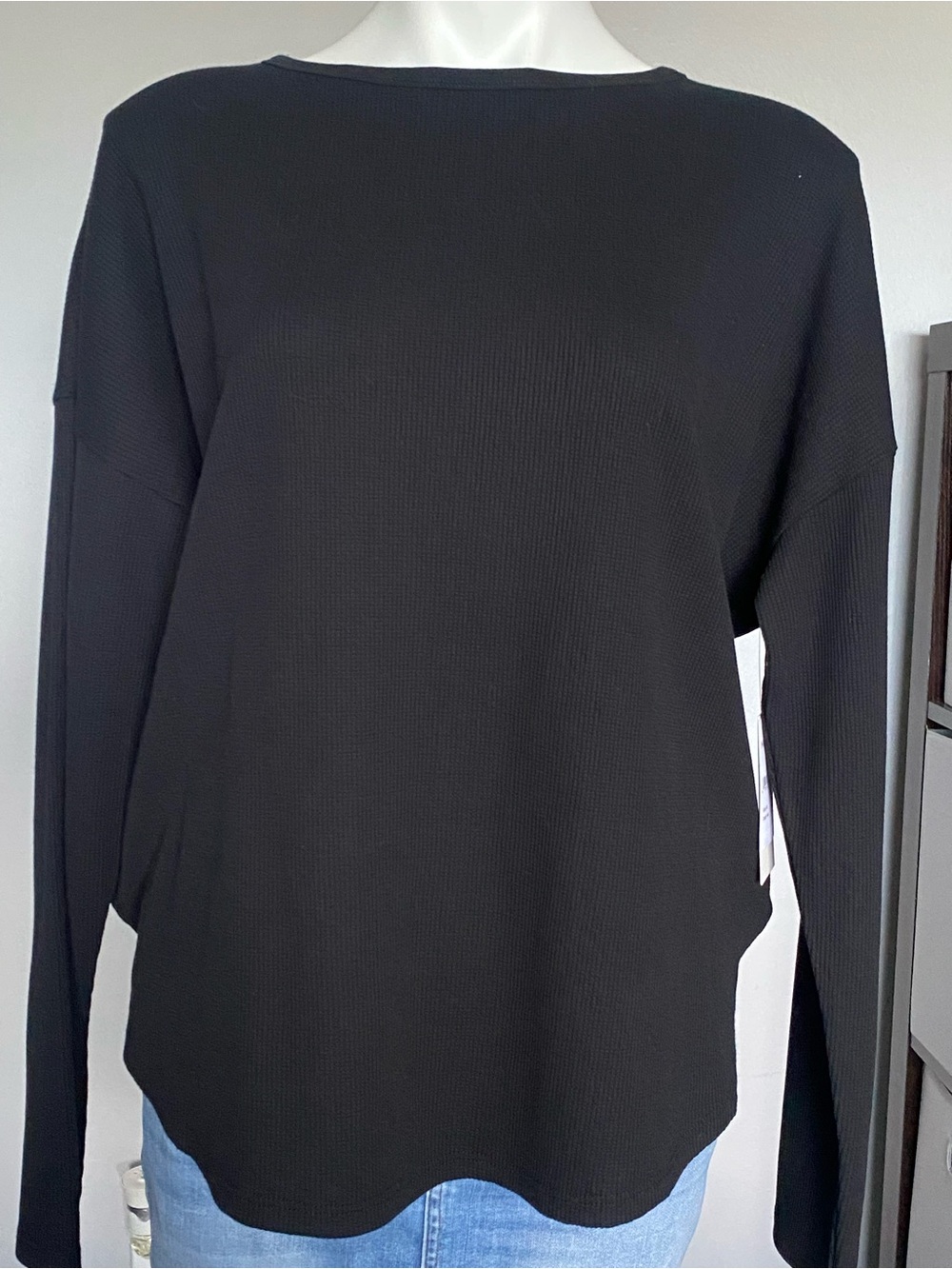 Treasure & Bond Black Crewneck Waffle Knit Pullover